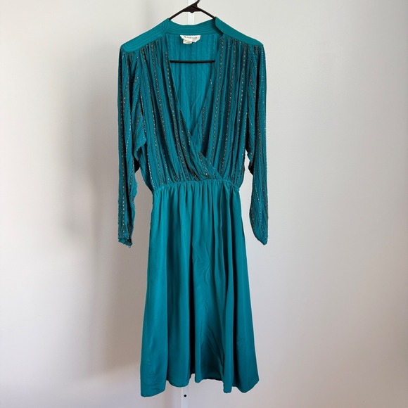 VTG Argenti 100% Silk Beaded Dress Teal Green Long Sleeve sz 10‎ Mob Wife Luxury